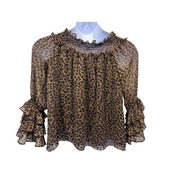 CeCe Top Wmns Large Leopard Print Sheer Blouse Off the Shoulder Ruffle Sleeve - Picture 4 of 13